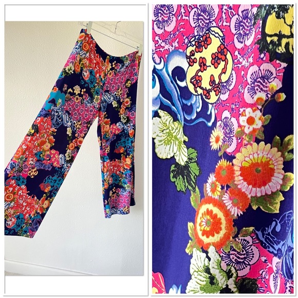 NATORI Blue Multicolor Floral Asian Print Wide Leg Lounge Pants - Picture 1 of 16